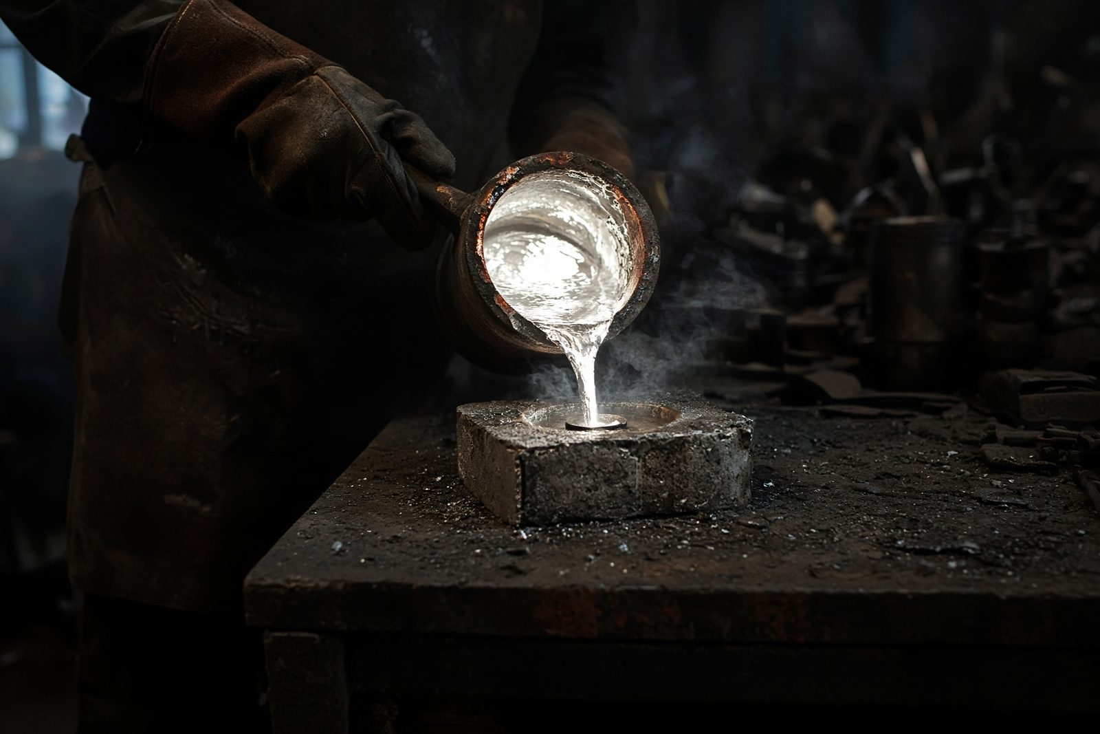 Der Guss: flüssiges Weissmetall in die Form, dunkle Werkstatt
