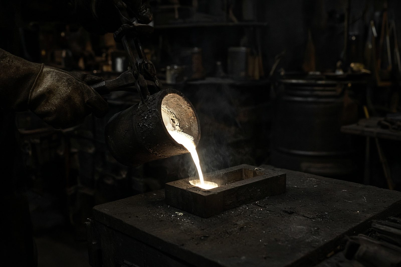 Der Guss: flüssiges Weissmetall, dunkle Werkstatt