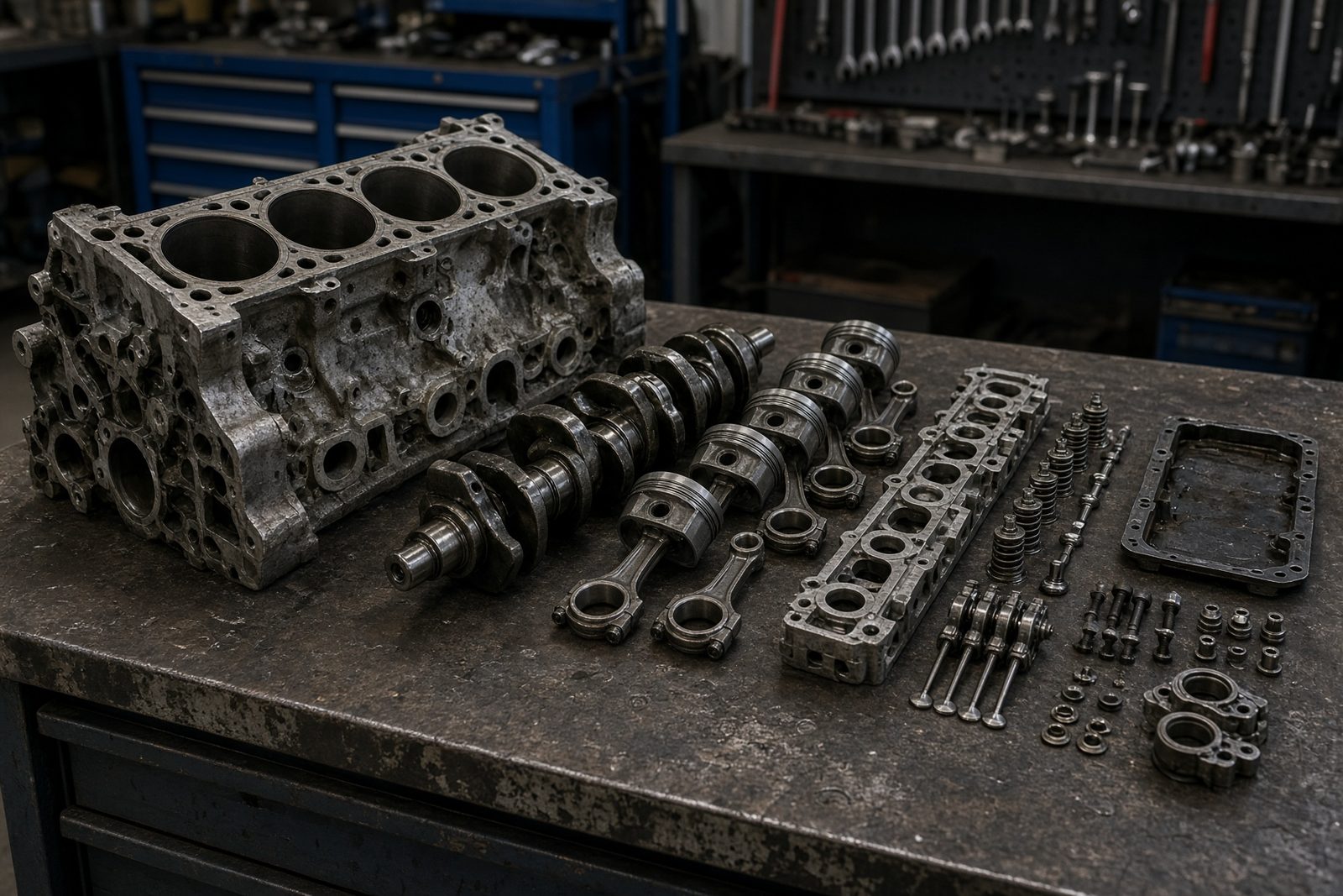 Zerlegter Motorblock auf der Werkbank, Teile der Reihe nach ausgelegt